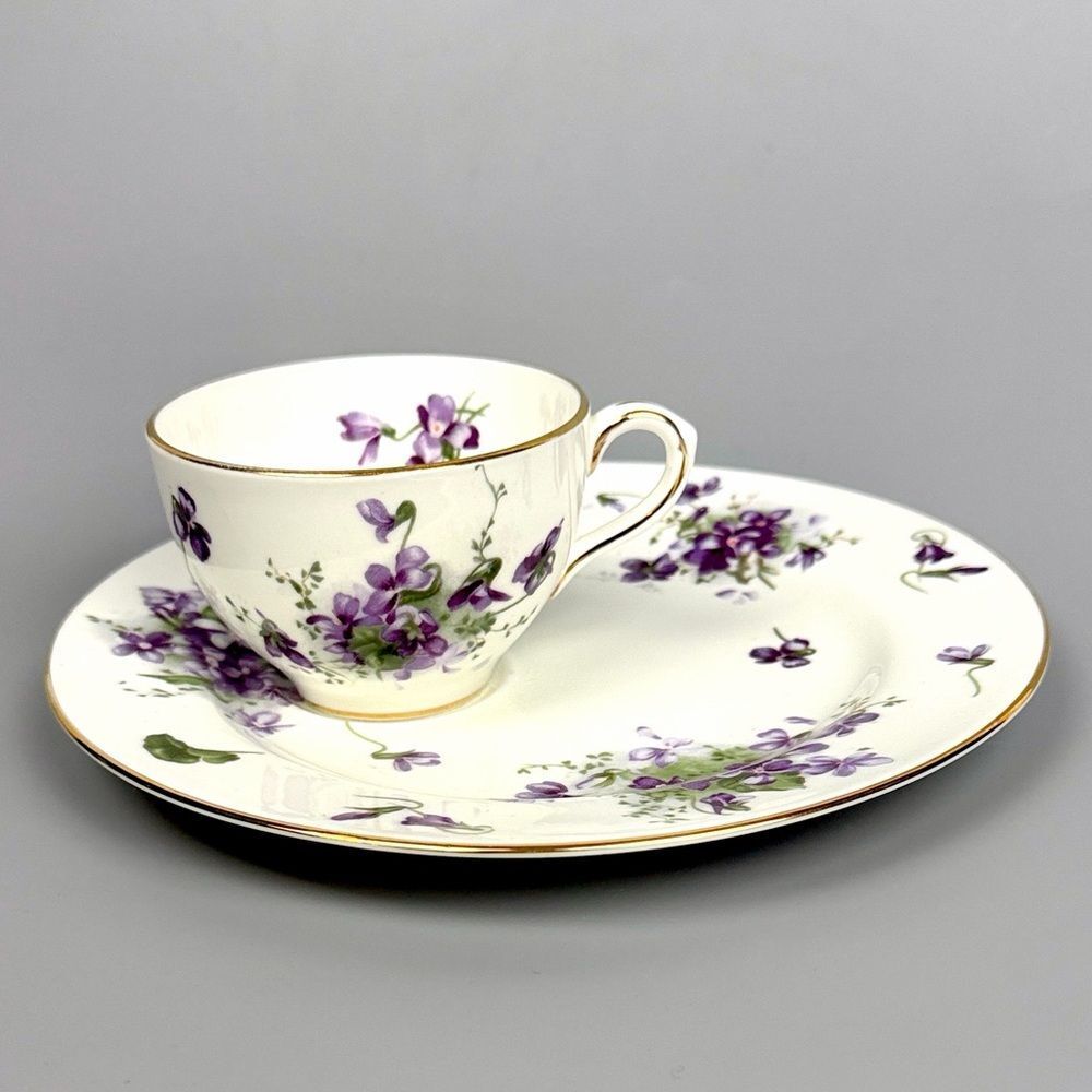 Hammersley Victorian Violets Snack Plate & Cup England White Purple